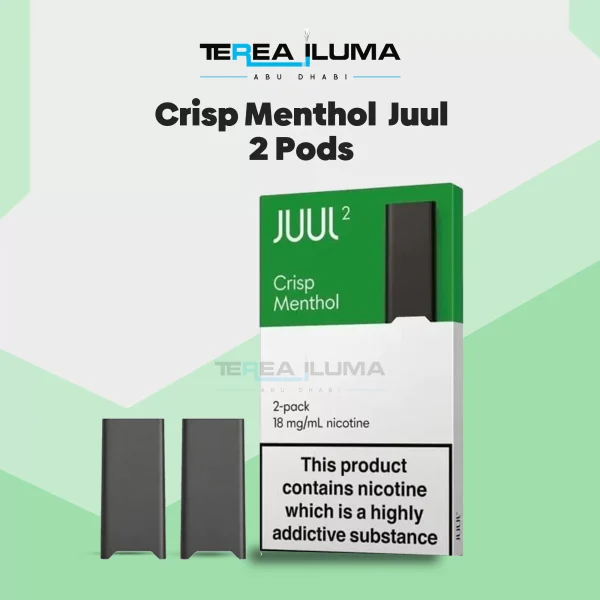 Crisp Menthol JUUL 2 pods pack shown beside a JUUL 2 device