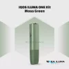 IQOS ILUMA ONE device shown in its moss green finish beside a USB-C cable