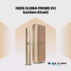 IQOS ILUMA Prime kit in Golden Khaki soft gold finish with holder and pocket charger