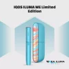 Sky blue IQOS ILUMA Standard We Limited Edition holder resting against its pocket charger