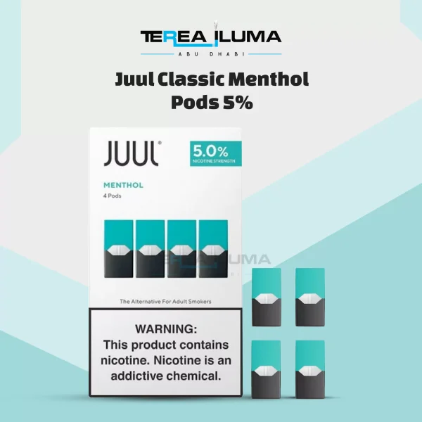 Four JUUL Pods Menthol 5% pods beside their retail box