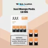 JUUL Pods Mango 18mg pack showing four pre-filled pods for the original JUUL device