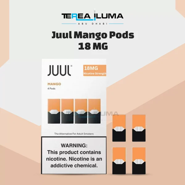 JUUL Pods Mango 18mg pack showing four pre-filled pods for the original JUUL device