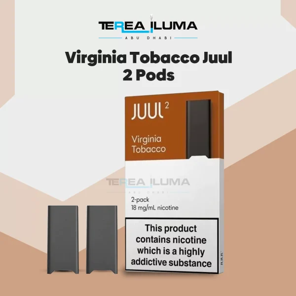 Virginia Tobacco JUUL 2 pods pack with two sealed pods shown beside the JUUL 2 device
