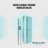 IQOS ILUMA I Prime device in Breeze Blue with touch screen holder and textured pocket charger