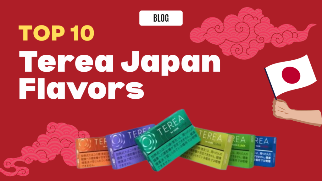 Ten Terea Japan heated tobacco stick packs arranged together showing different flavor colors