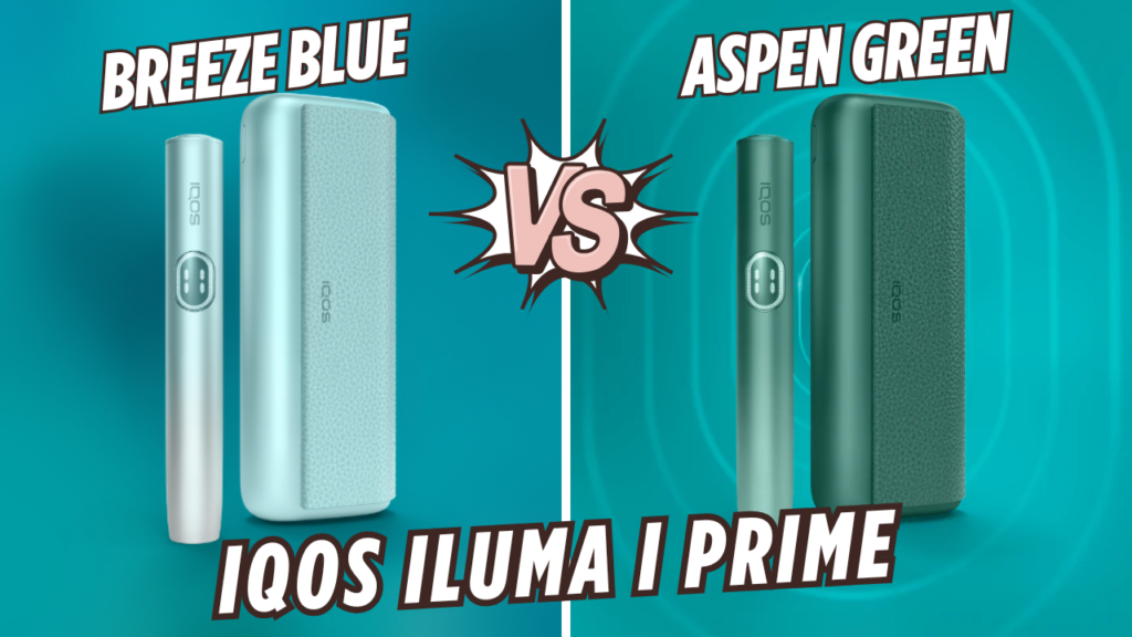 IQOS ILUMA i Prime devices shown in Breeze Blue and Aspen Green finishes side by side
